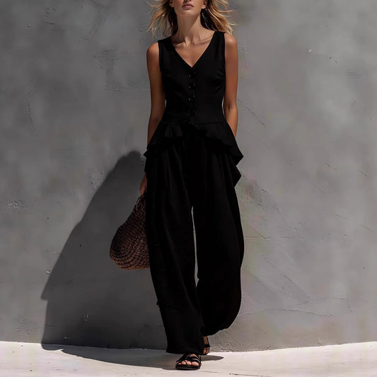 Sleeveless V-neck Ruffled Tank Top Draping Wide-leg Pants Two-piece Set