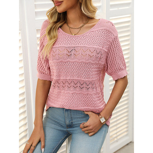Women’s Short Sleeve Crochet Knit Hollow-Out Top CJ US