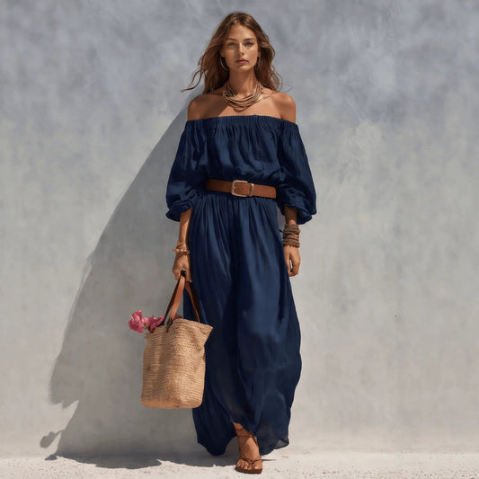 Womens Boat-Neck Sleeveless Casual Cotton-Linen Maxi Dress
