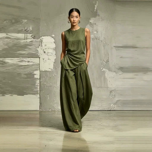 Womens Round-Neck Loose Sleeveless Top And High-Waist Pants Two-Piece Set