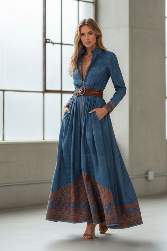 Color-blocked Floral Patterned Stand-up Collar Fitted Waist Casual Long Dress