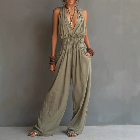 Strap-style V-neck Sleeveless Waist-cinching One-piece Suit
