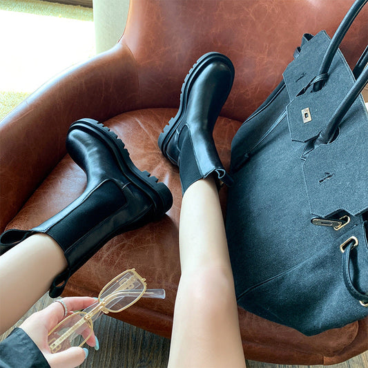 Mid-calf Thick-soled Women's Leather Boots In British Style