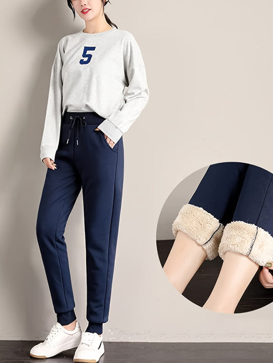 Women's Fleece Sweatpants Jogger Fleece Pants With Drawstring Waist, Boyfriend Style, Long, Solid Color, Slightly Stretchy Fabric