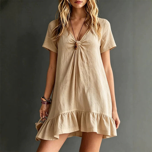 Womens Solid-Color V-Neck Short-Sleeve Casual Dress