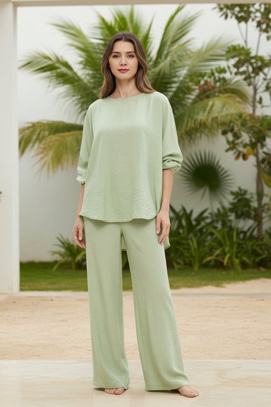 Solid color loose casual suit wide leg pants two-piece set