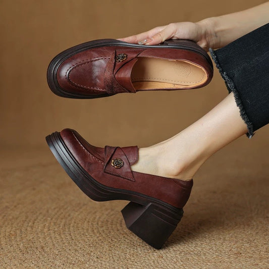 Vintage Womens Chunky-heeled Leather Shoes