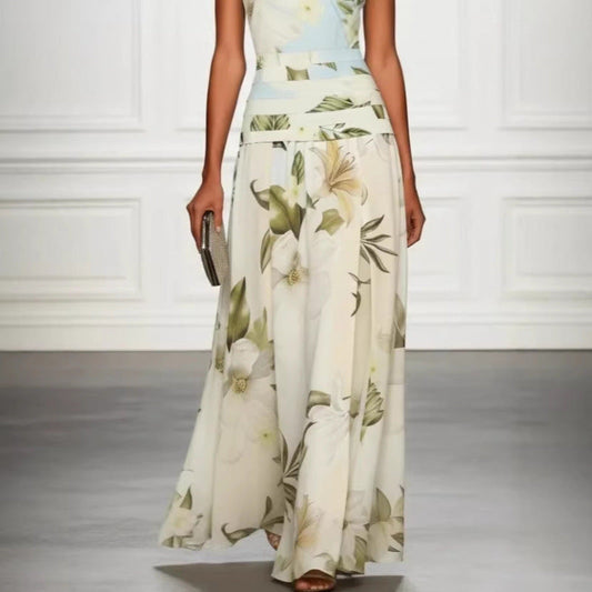 V-neck floral print women's dress sleeveless backless waist cinching long skirt