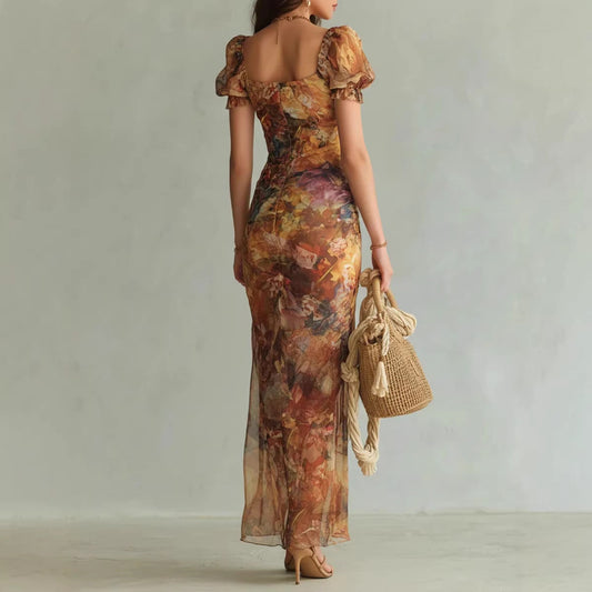 V-neck waist cinched ruffle edge dress