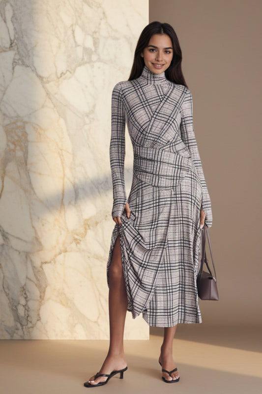 Stand up collar long sleeved plaid pleated dress