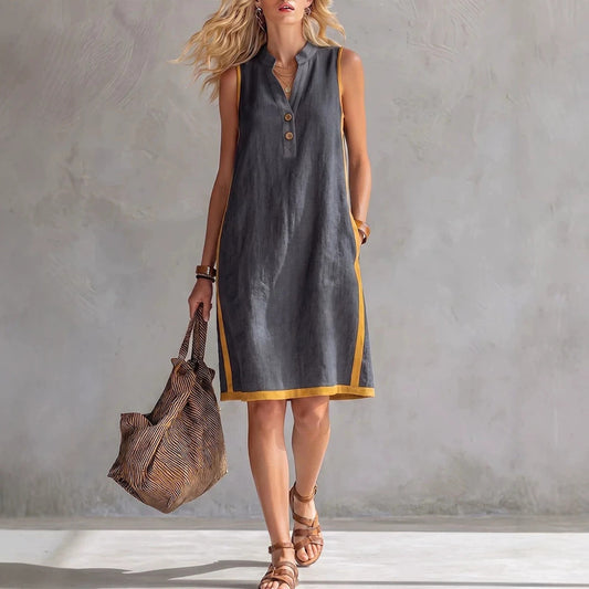 Sleeveless V-neck Pocketed Button Casual Dress