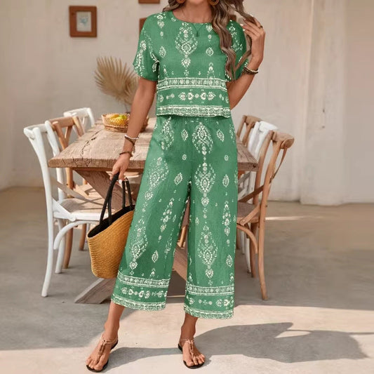 Women's Contrast-Colored Ethnic-Style Printed Set
