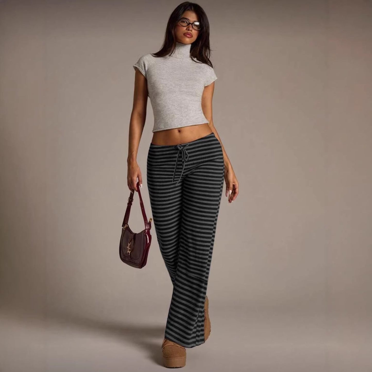 SpringSummer Womens Fashion Striped Casual All-Match Wide-Leg Flared Trousers
