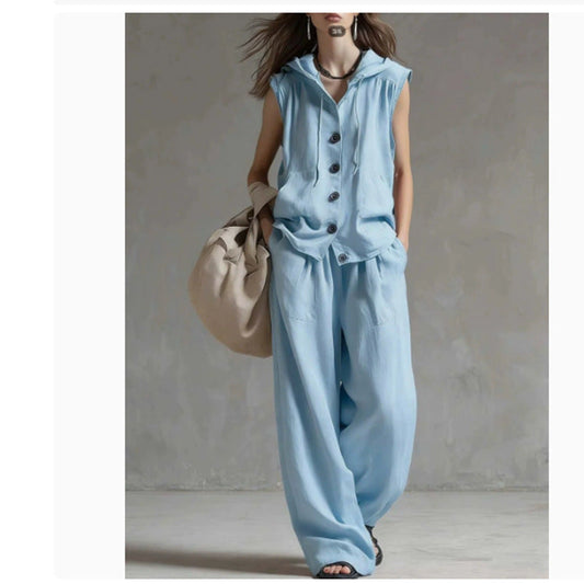Sleeveless Loose Casual Hooded Top High-Waist Wide-Leg Pants Set