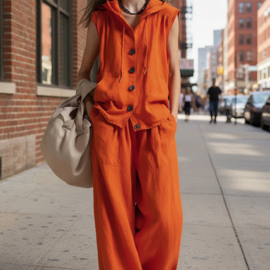 Sleeveless Loose Casual Hooded Top High-Waist Wide-Leg Pants Set