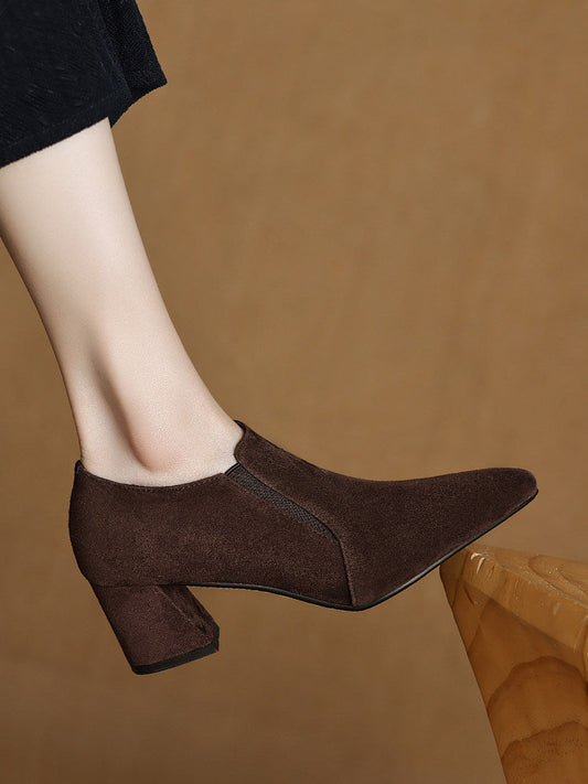 Suede-textured Deep-toe Pointed-toe Chunky-heel Shoes