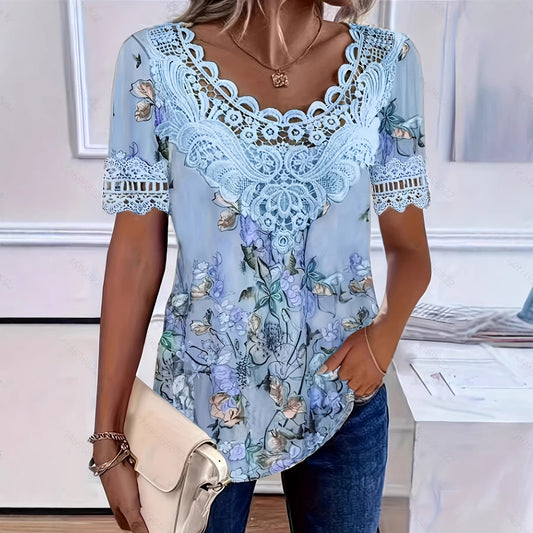 Women's Lace-Patchwork Crew-Neck Short-Sleeve T-Shirt