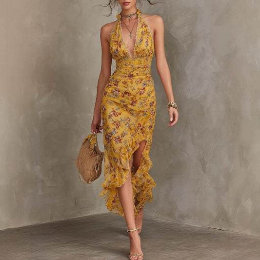 French Vintage Yellow Floral Halter Neck Dress Deep V Waist-Cinching Split Ruffle Slimming Elegant Dress
