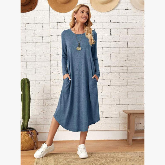 Womens Solid-Color Casual Long-Sleeve Dress