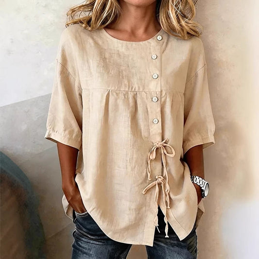 Lace-up Button New Solid-color Shirt