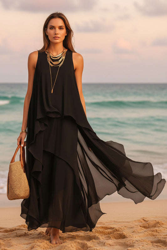 Chic Flowy Black Sleeveless Asymmetrical Chiffon Long Dress