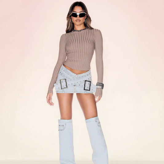 Fashionable Light Blue Denim Mini Skirt with Cross-Over Buckle Design, Bodycon Style