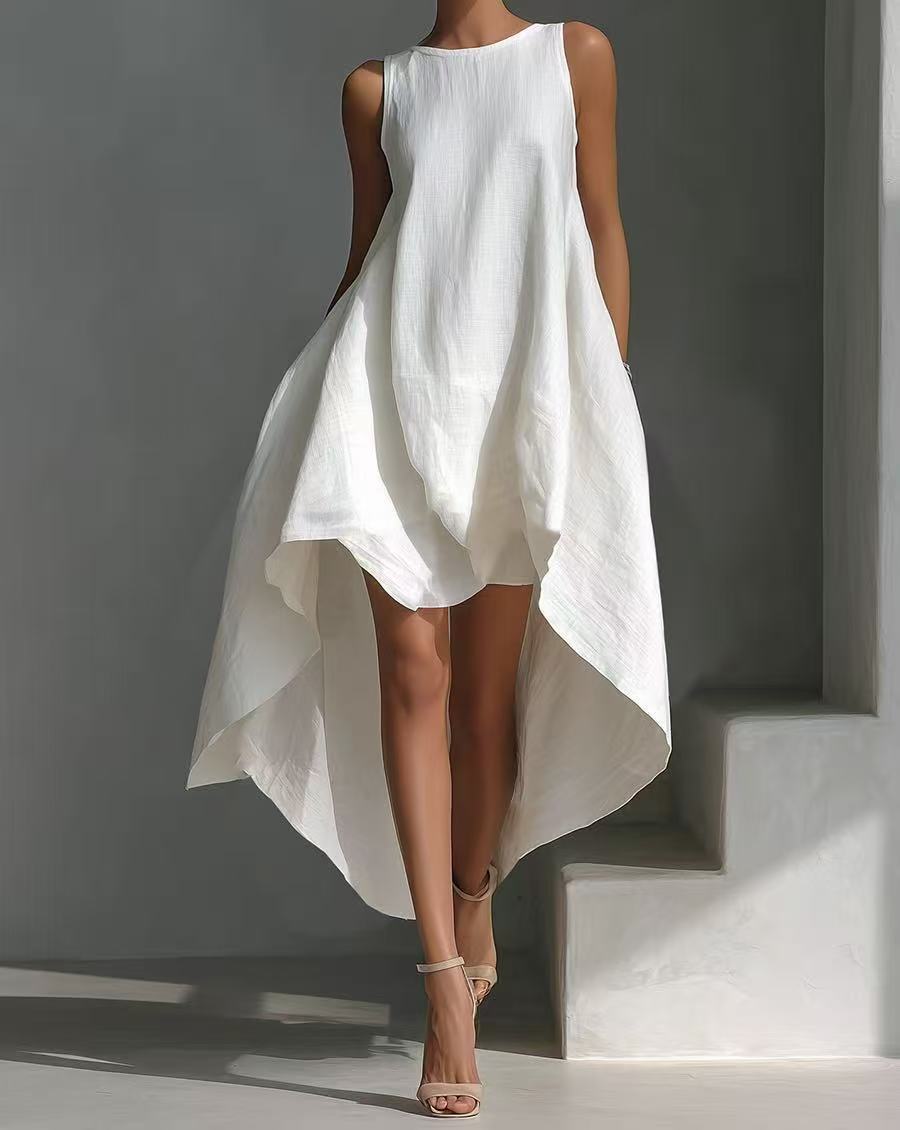 Sleeveless High-Low Irregular Hem Linen Blend Dress