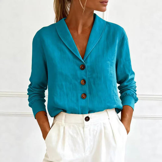 Fashionable Cotton-Linen Long-Sleeve Peter Pan Collar Button-Up Shirt