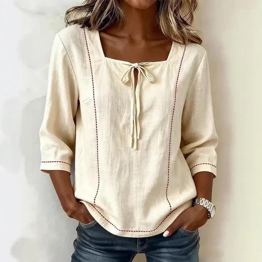 Printed Lace-Up Square-Neck Mid-Sleeve Womens Shirt