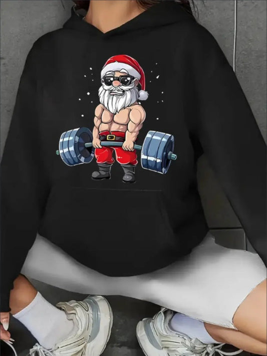 Christmas Santa Claus Weightlifting Graphic Hoodie, Casual Long Sleeve Hooded Sweatshirt With Kangaroo Pocket, For Women, All-Season Active Pullover CJ US