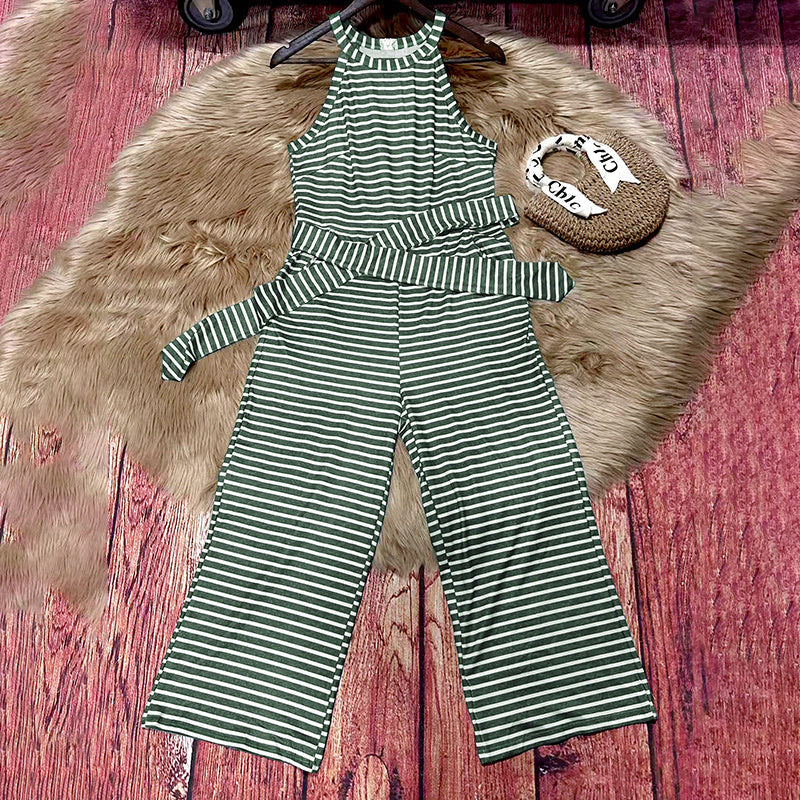 Casual Striped Jumpsuits Summer Cap Sleeve Wide Leg Jumper CJ US