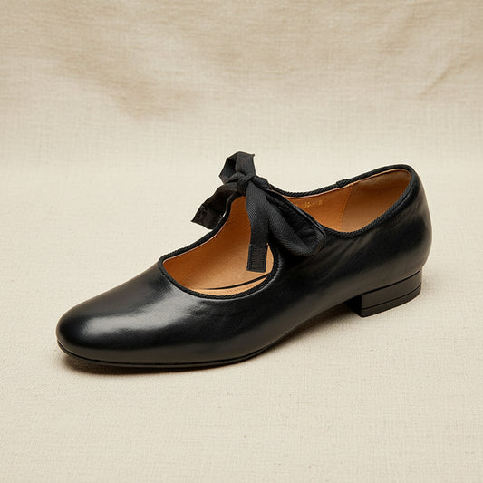 French-style Vintage Low-heeled Leather Shoes For Women Round Toe Low Cut