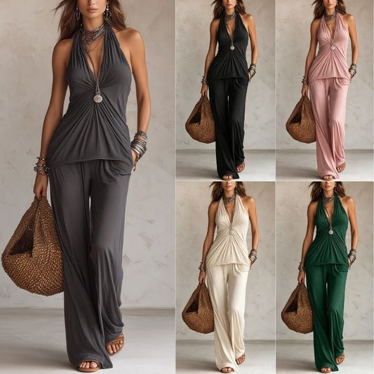 Womens Sleeveless Halter Top And High-Waist Casual Pants Set