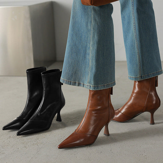 Stiletto-heeled Cowhide Pointed-toe Ankle Boots With A Back Zipper