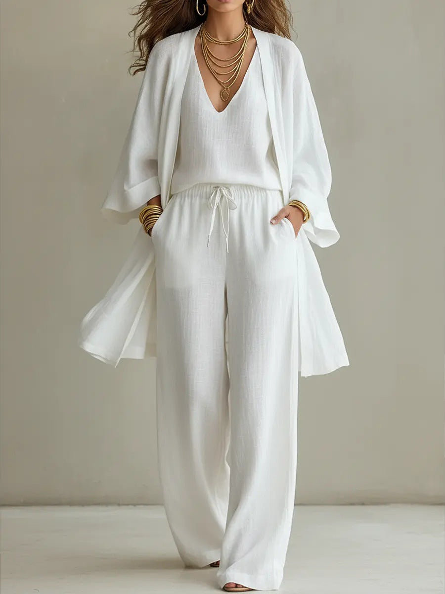 Womens Solid Color V-Neck Cardigan Vest With Pockets And Long Pants Three-Piece Set