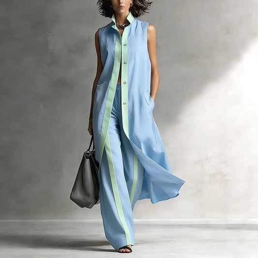 Color blocking loose vest cardigan pants set