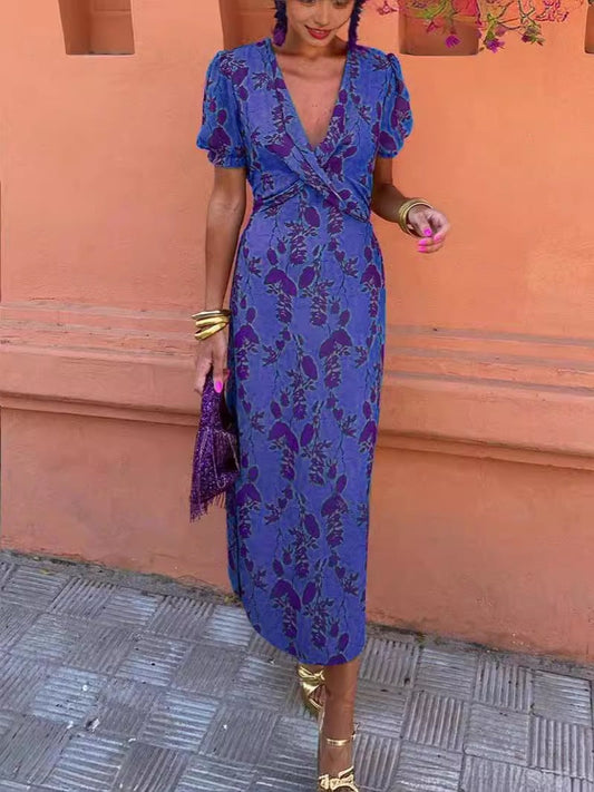 Elegant Form-Fitting Printed Ruched Maxi Dress, V-Neck Short Sleeve