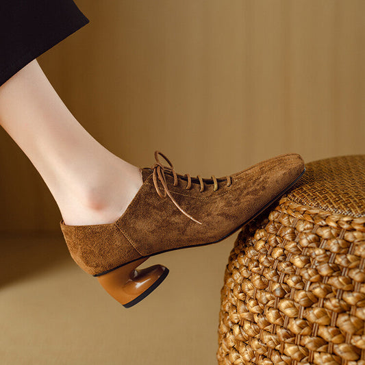 Womens New Retro Sheepskin Chunky-Heel Pumps With A Square Toe