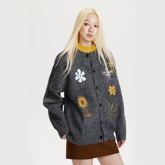 Retro Preppy Style Floral Embroidery Cardigan Sweater