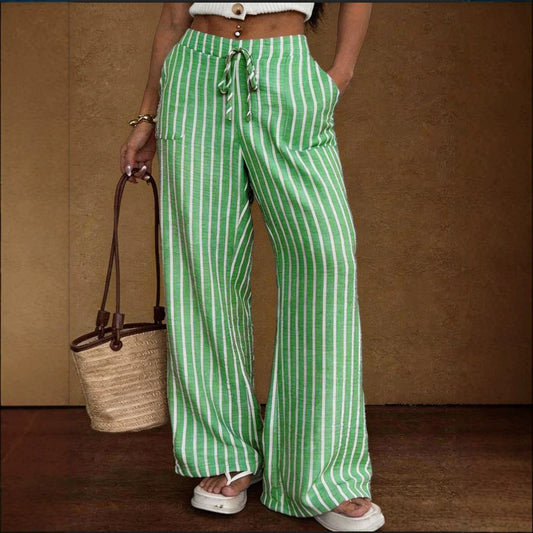 Striped Loose Commuter Casual Lace-up Elastic-waist Wide-leg Trousers