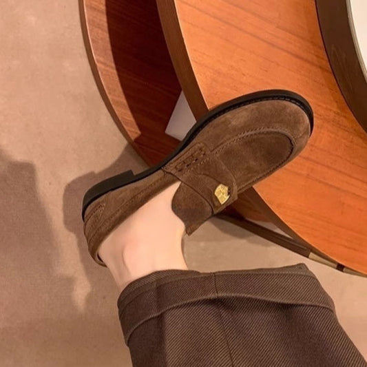 Round-toe Small Gold Coin Loafers British-style Leather Slip-ons