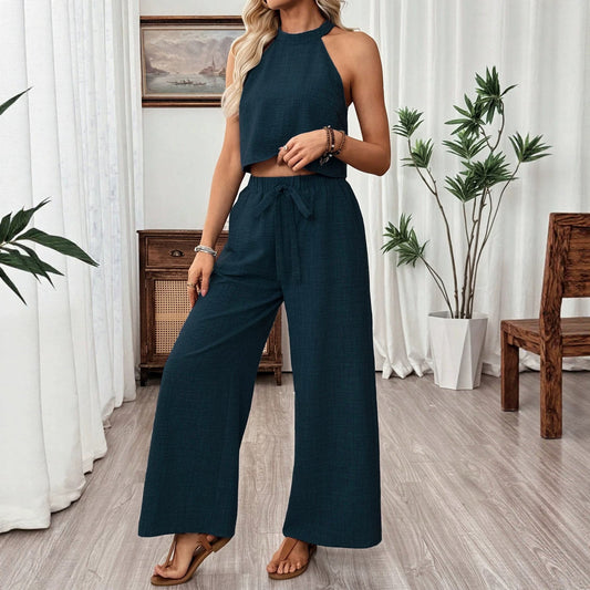 Neck-hanging Sleeveless Cropped Top And Wide-leg Pants Set