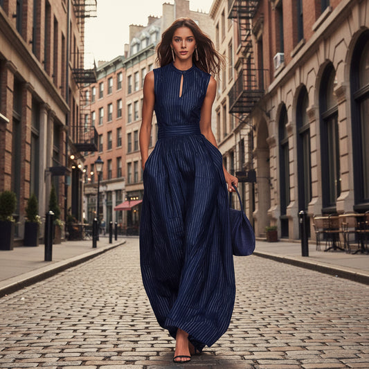 Deep Blue Striped Sleeveless Waist-Cinched Wide-Leg Jumpsuit