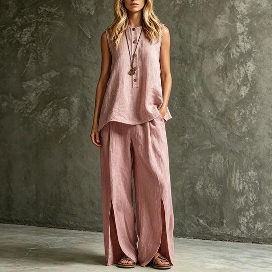 Womens Loose Sleeveless Tank Top And Slit Wide-Leg Pants Set