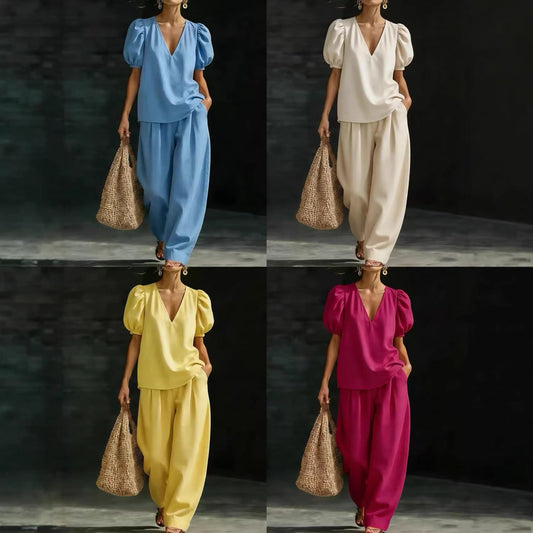V-Neck Short-Sleeve Fashionable Casual Womens Set