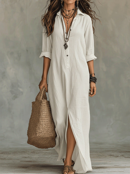 Spring Summer Solid Color Notch Lapel Front Slit Long Dress Casual Shirt Dress Lazy Style