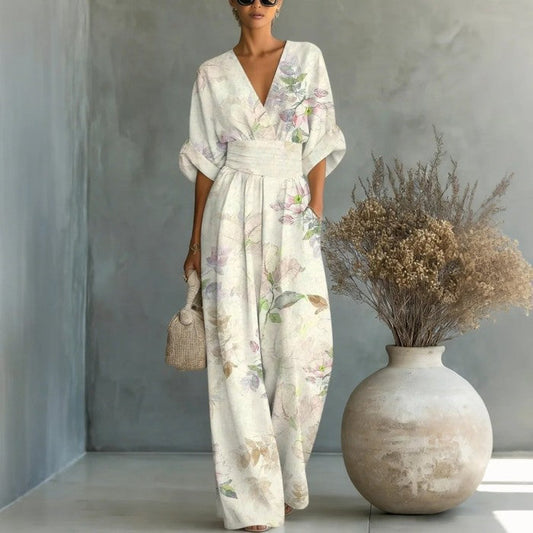 Waist-cinched V-neck Printed Womens Jumpsuit