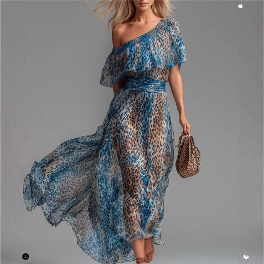 Blue-toned Leopard-print Chiffon Off-shoulder Dress For Women