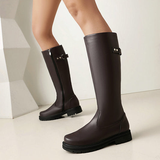 Womens Retro British-Style Leather Belt-Buckle Riding Boots