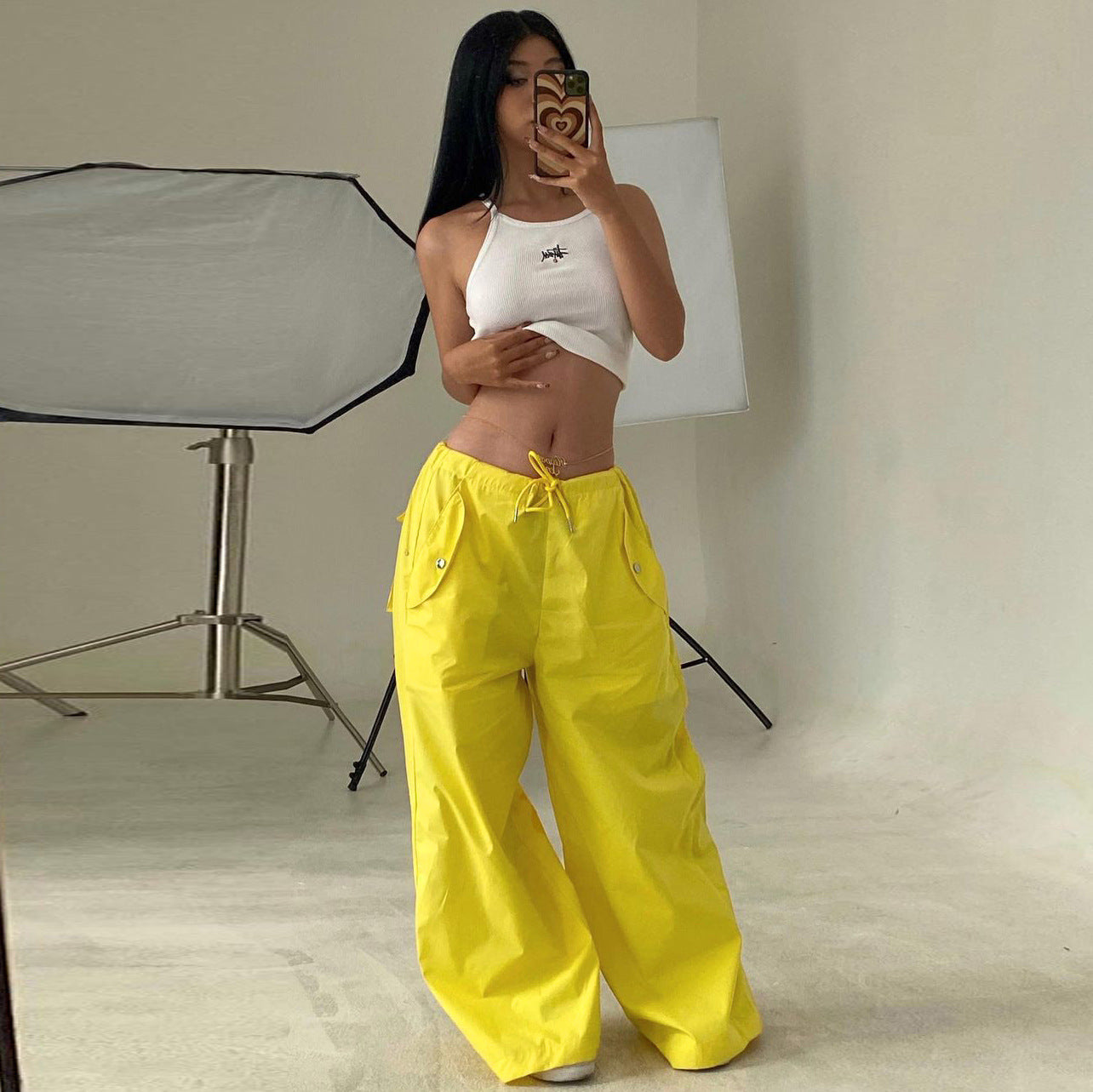 Solid-color Lace-up Loose-fitting Straight-leg Work Pants
